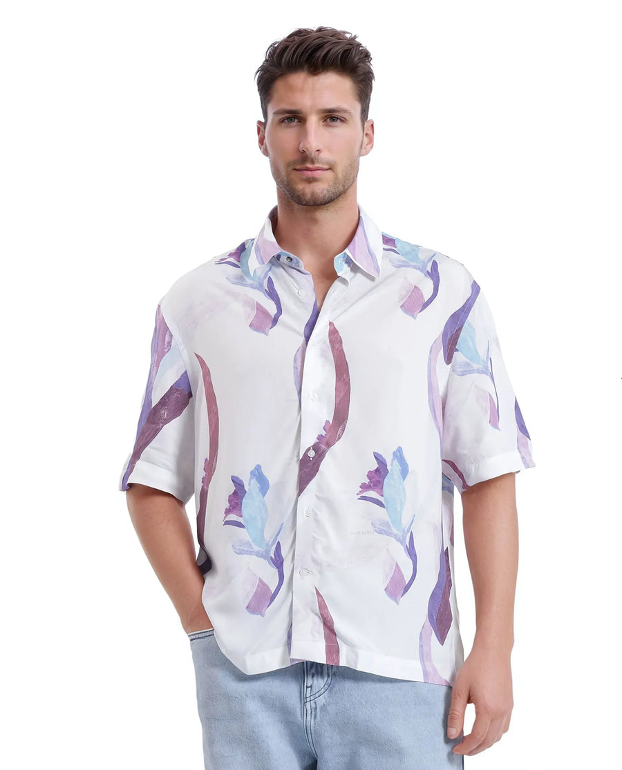 Rare Rabbit Men's Hydra White Viscose Floral Print Boxy Fit Half Sleeve Collared Shirt