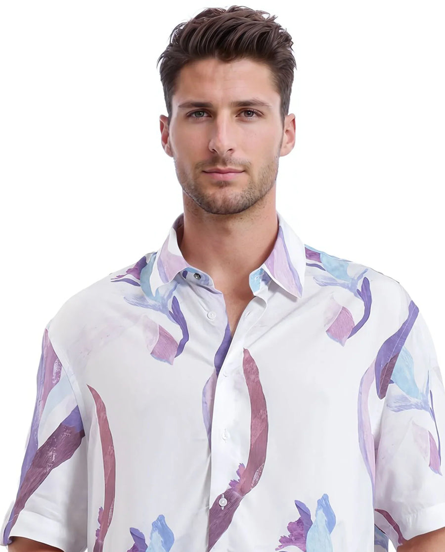 Rare Rabbit Men's Hydra White Viscose Floral Print Boxy Fit Half Sleeve Collared Shirt