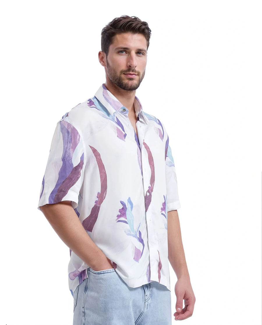 Rare Rabbit Men's Hydra White Viscose Floral Print Boxy Fit Half Sleeve Collared Shirt