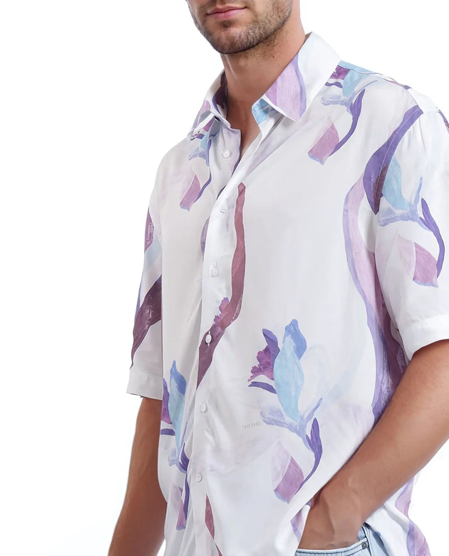 Rare Rabbit Men's Hydra White Viscose Floral Print Boxy Fit Half Sleeve Collared Shirt