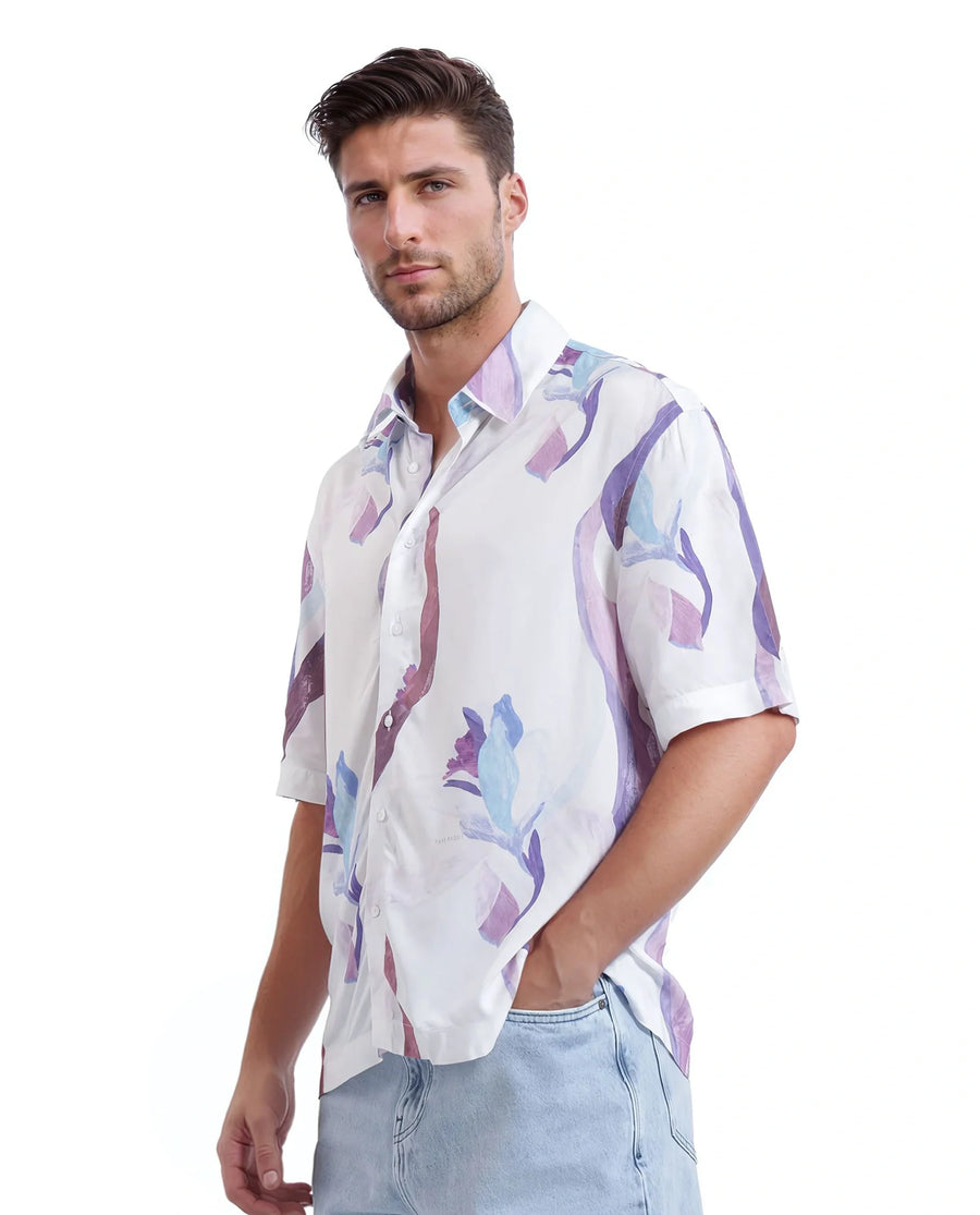 Rare Rabbit Men's Hydra White Viscose Floral Print Boxy Fit Half Sleeve Collared Shirt