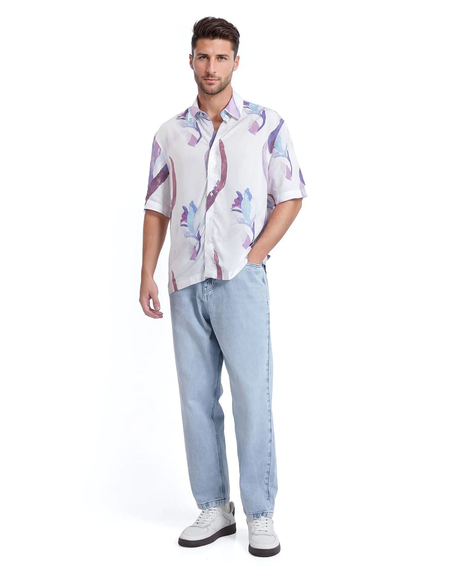 Rare Rabbit Men's Hydra White Viscose Floral Print Boxy Fit Half Sleeve Collared Shirt