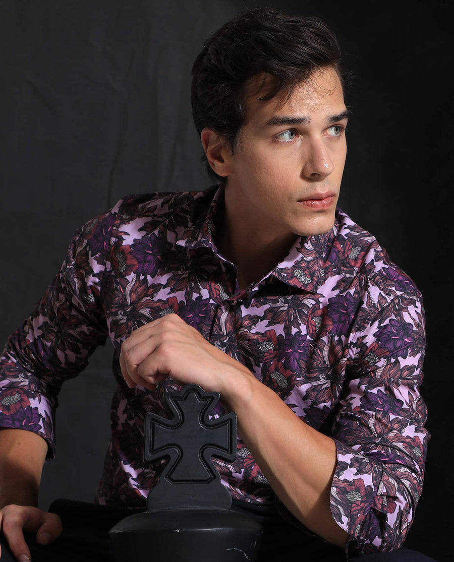 Rare Rabbit Men's Ezee Purple Cotton Floral Print Regular Fit Full Sleeve Collared Shirt
