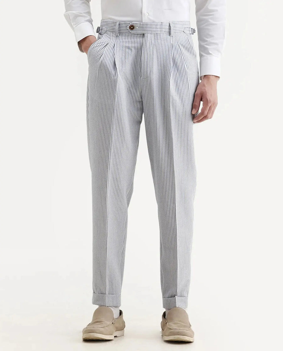 Rare Rabbit Men's Ace Light Blue Polyester Blend Striped Print Relaxed Fit Trouser