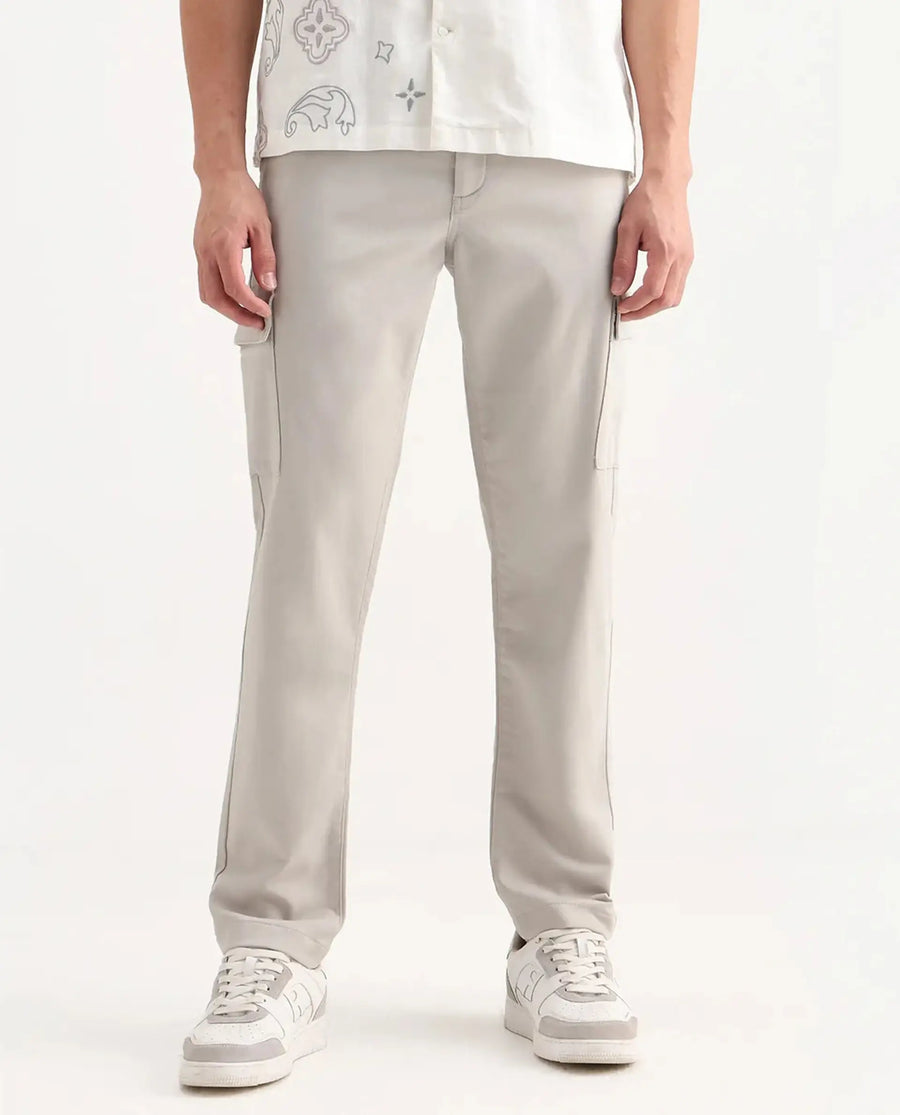Rare Rabbit Men's Aero Light Grey Cotton Blend Plain Relaxed Fit Trouser