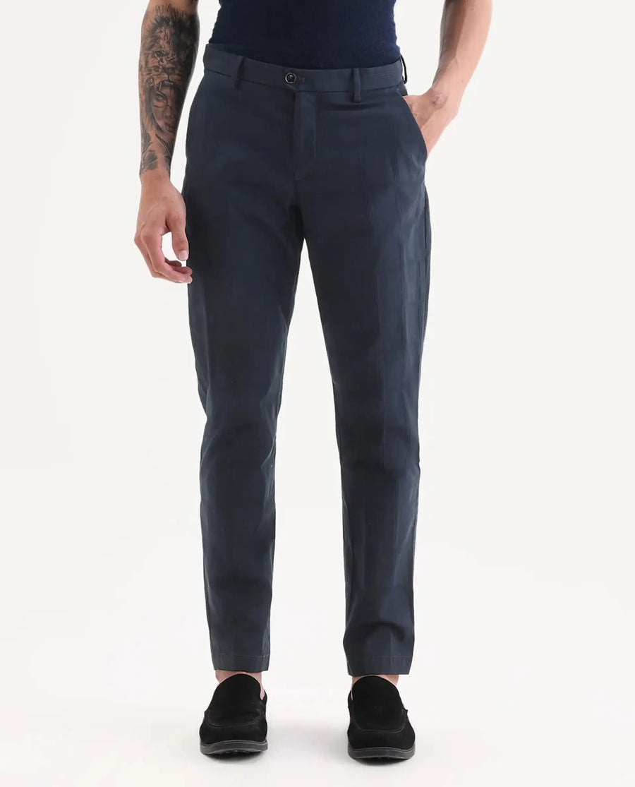 Rare Rabbit Men's Alva Navy Cotton Checked Print Regular Fit Trouser