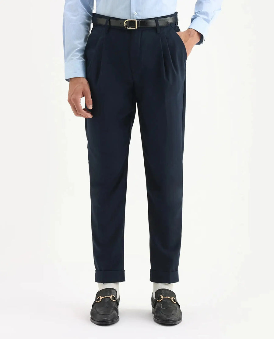 Rare Rabbit Men's Amosy Navy Cotton Striped Print Relaxed Fit Trouser