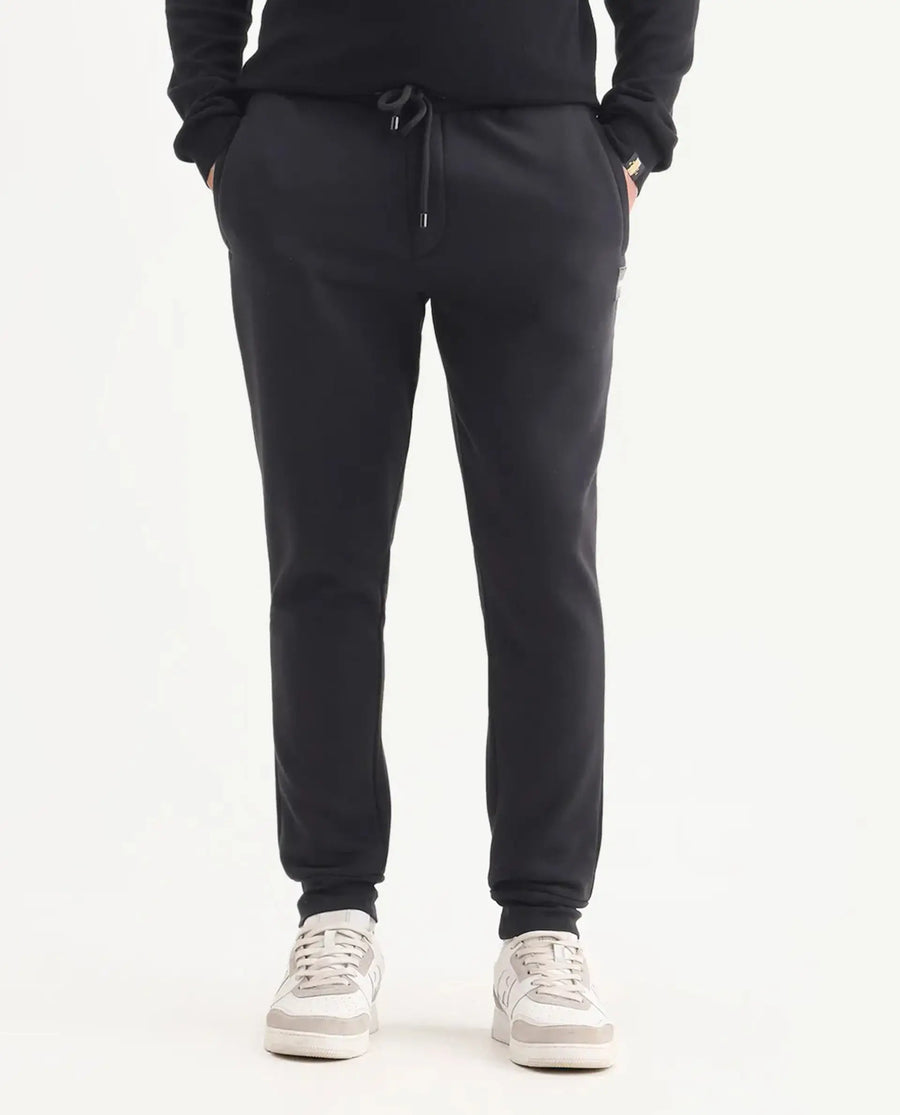 Rare Rabbit Men's Ander Black Cotton Plain Regular Fit Joggers