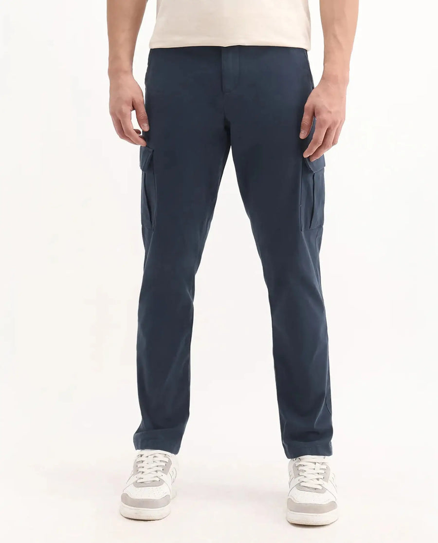 Rare Rabbit Men's Apex Navy Linen Blend Plain Regular Fit Trouser