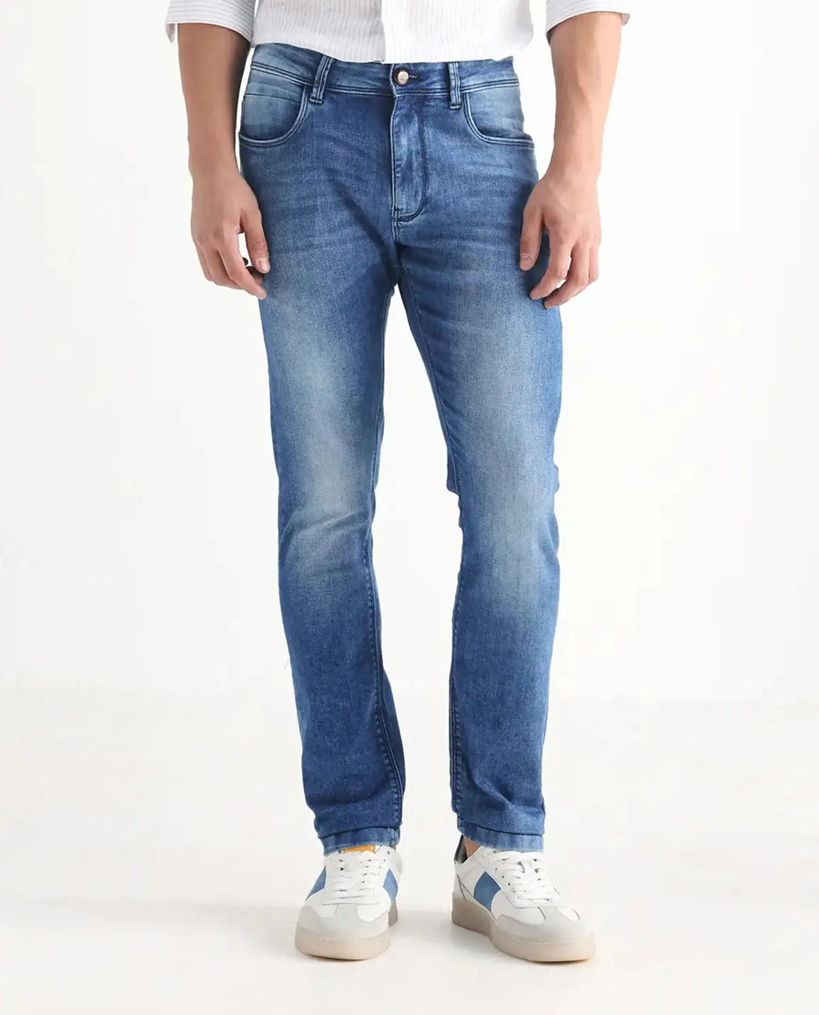 Rare Rabbit Men's Arbok Blue Cotton Plain Hawk Slim Fit Jeans