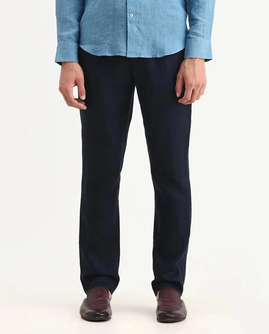 Rare Rabbit Men's Arcelo-2 Navy Linen Plain Regular Fit Trouser