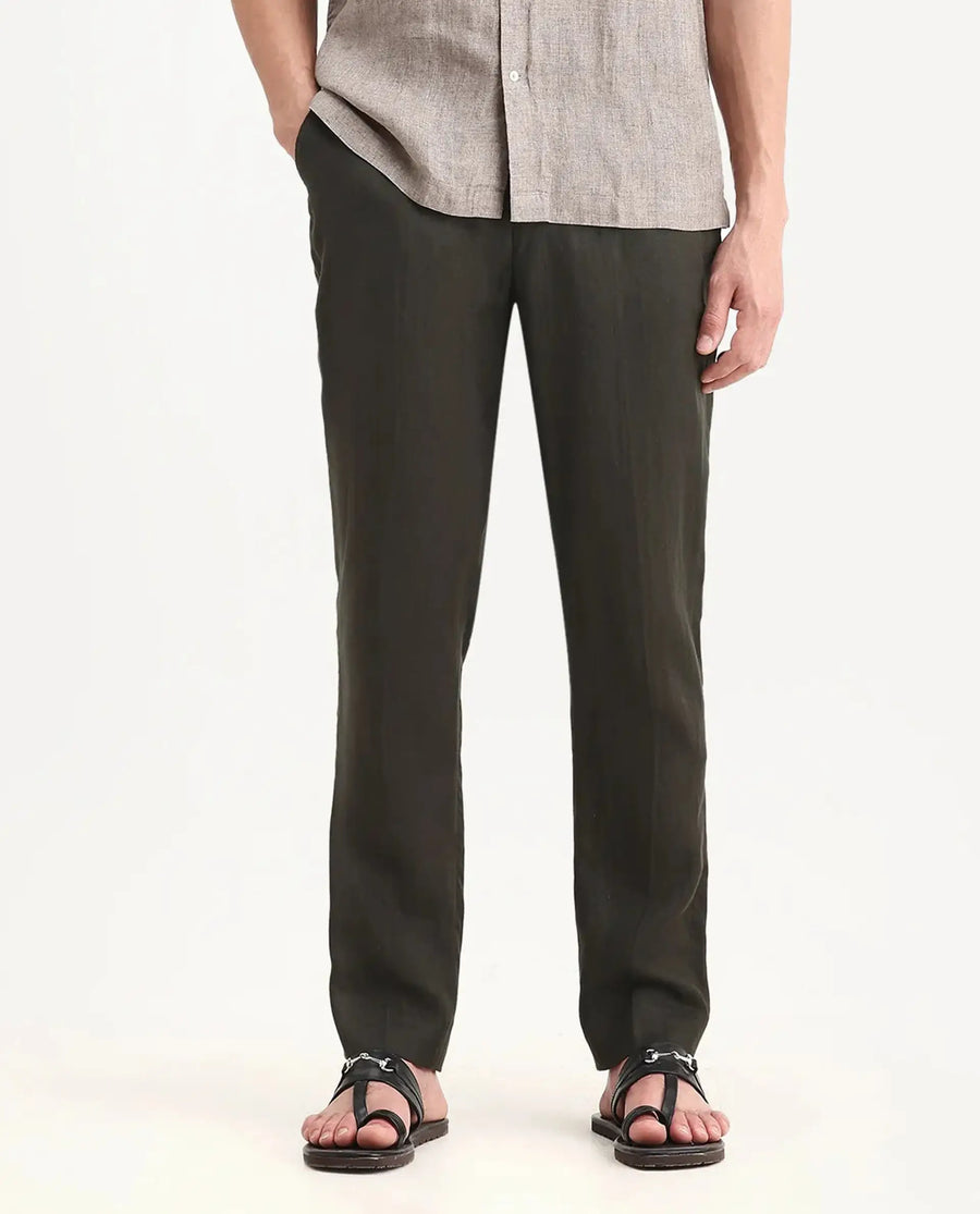 Rare Rabbit Men's Arcelo-2 Olive 100% Linen Plain Regular Fit Trouser