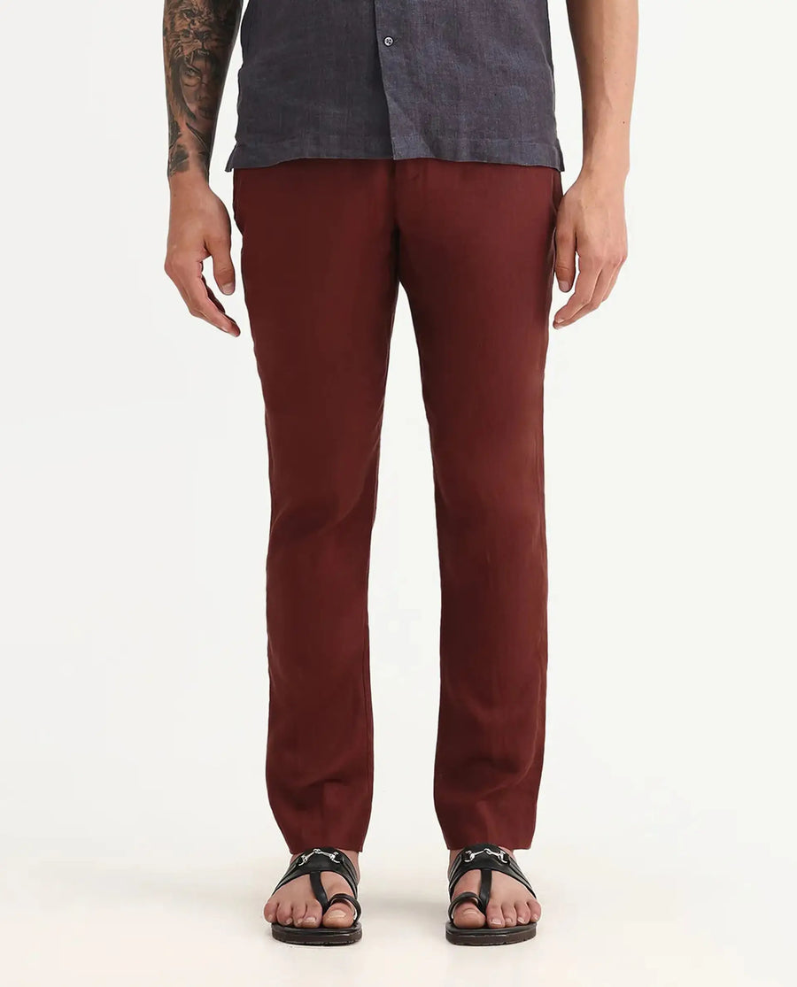 Rare Rabbit Men's Arcelo-2 Rust 100% Linen Plain Regular Fit Trouser