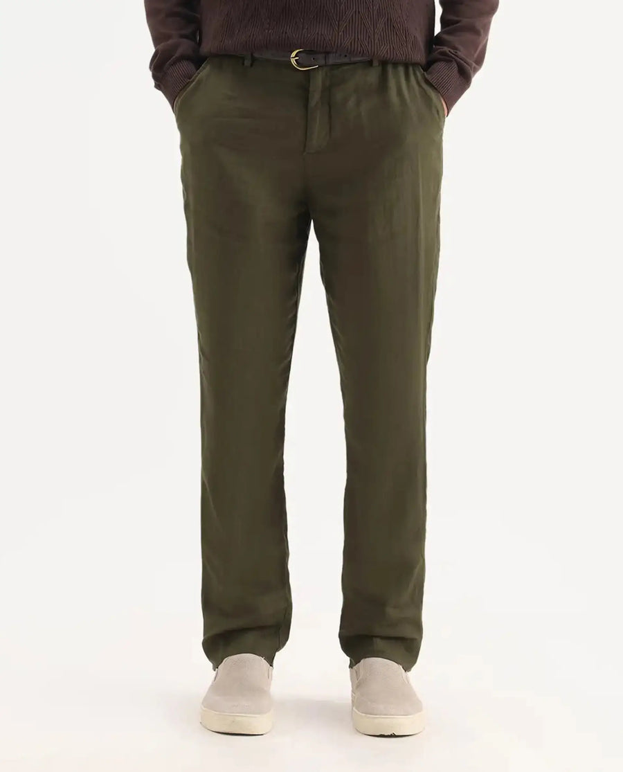 Rare Rabbit Men's Arcelo Olive 100% Linen Plain Regular Fit Trouser