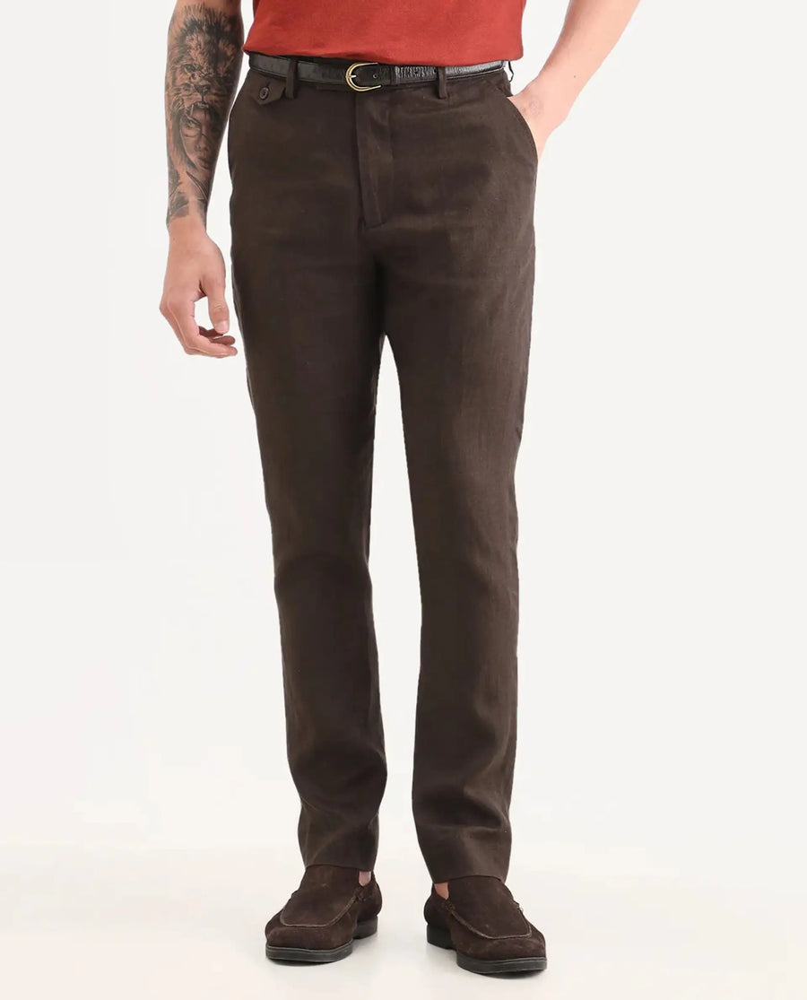 Rare Rabbit Men's Arcelo-Ss26 Dark Brown 100% Linen Fabric Regular Fit Plain Trouser