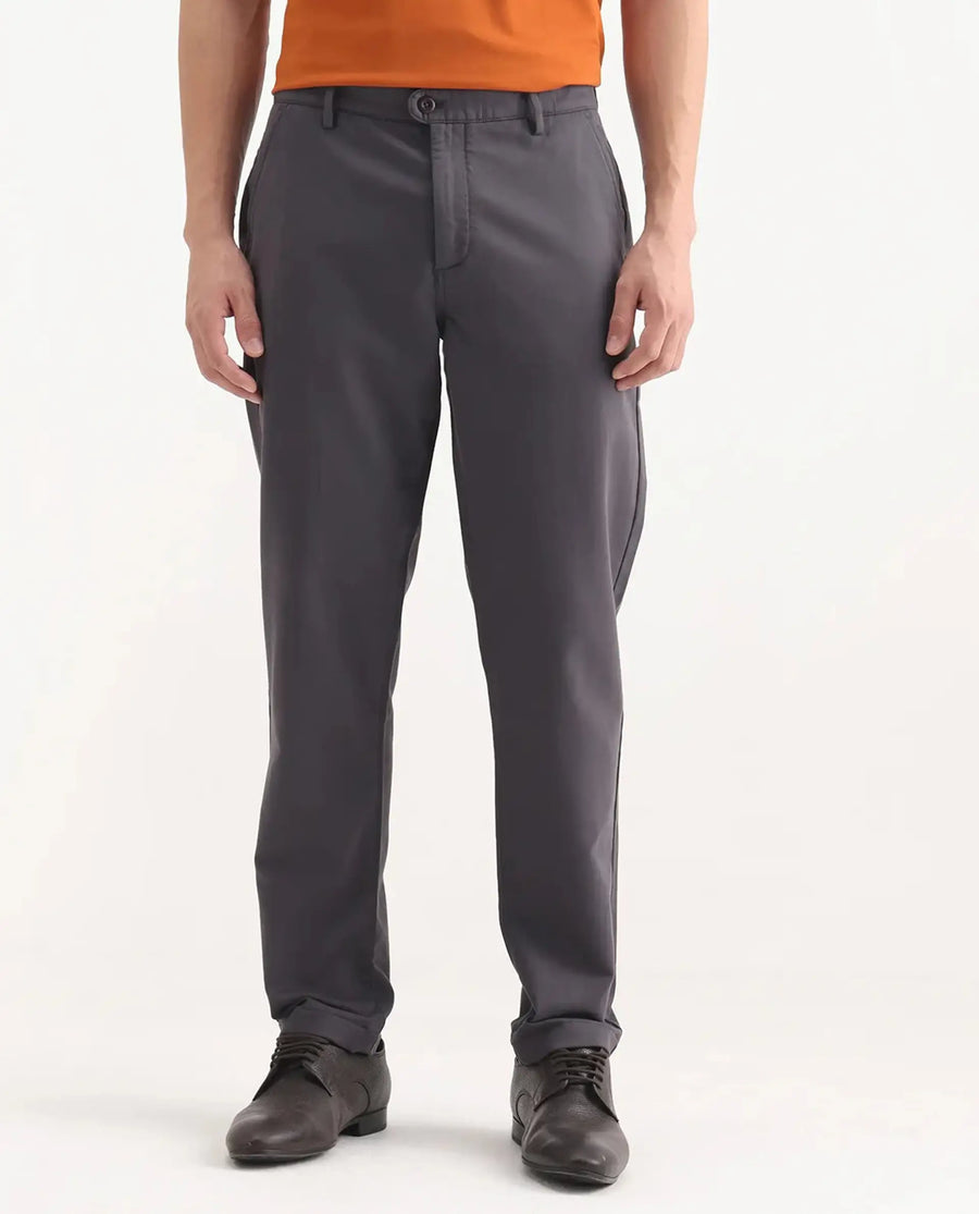 Rare Rabbit Men's Aries Dark Grey Cotton Blend Plain Regular Fit Trouser