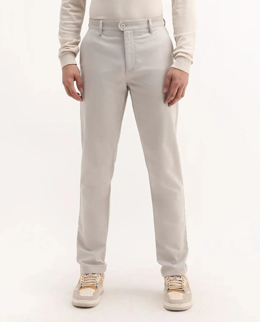Rare Rabbit Men's Aries Light Grey Cotton Blend Plain Regular Fit Trouser