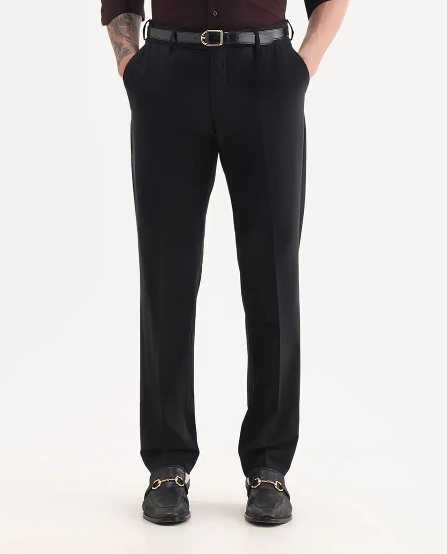Rare Rabbit Men's Arlo Black Cotton Plain Regular Fit Trouser