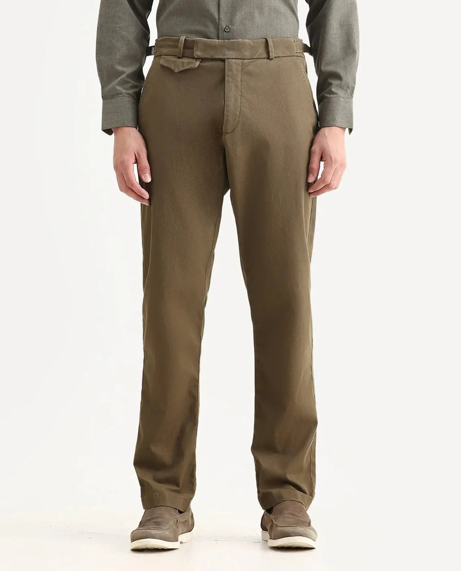 Rare Rabbit Men Arne Olive Cotton Blend Plain Regular Fit Trouser