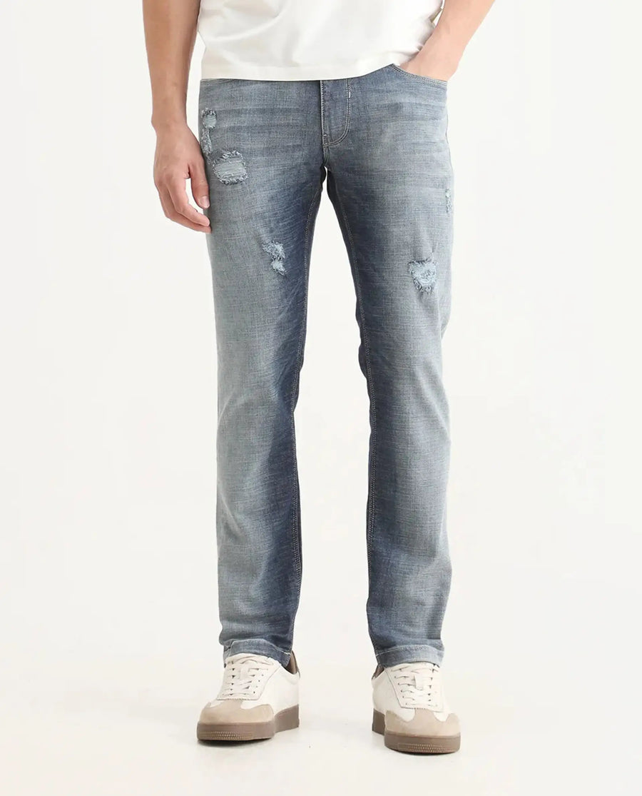 Rare Rabbit Men's Arten Light Blue Cotton Plain Hawk Slim Fit Jeans