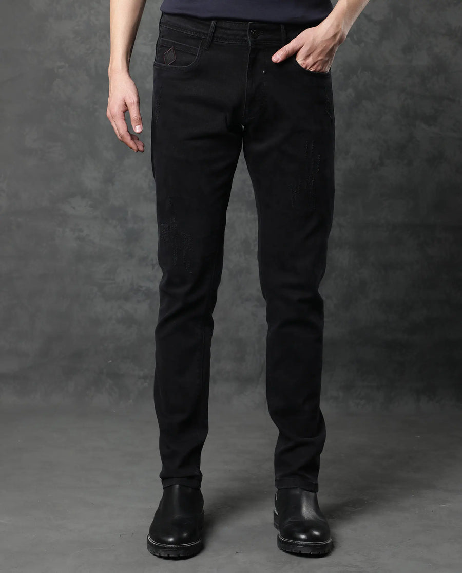 Rare Rabbit Men's Astra Black Cotton Plain Hawk Slim Fit Jeans
