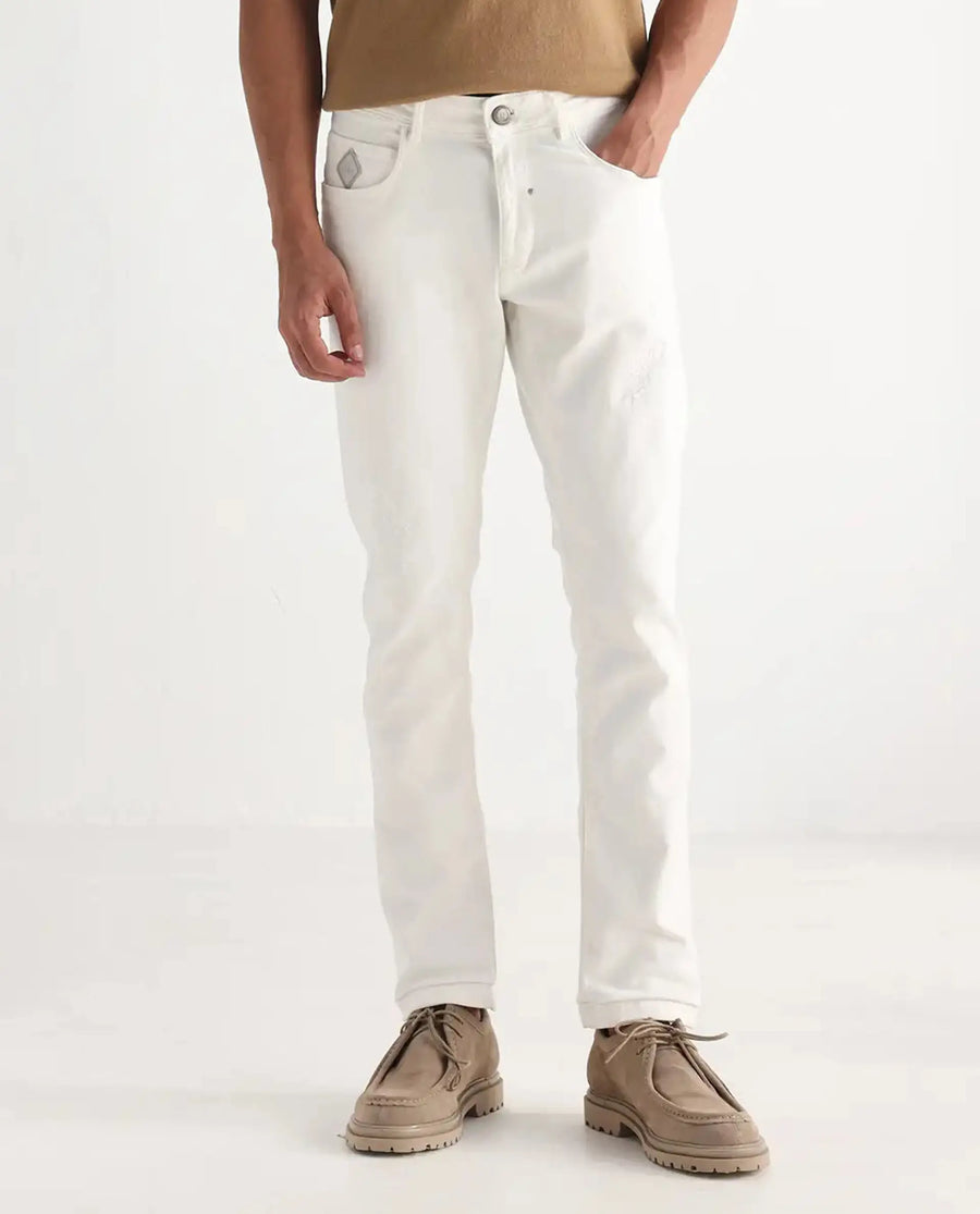Rare Rabbit Men's Astro White Cotton Blend Plain Hawk Slim Fit Jeans