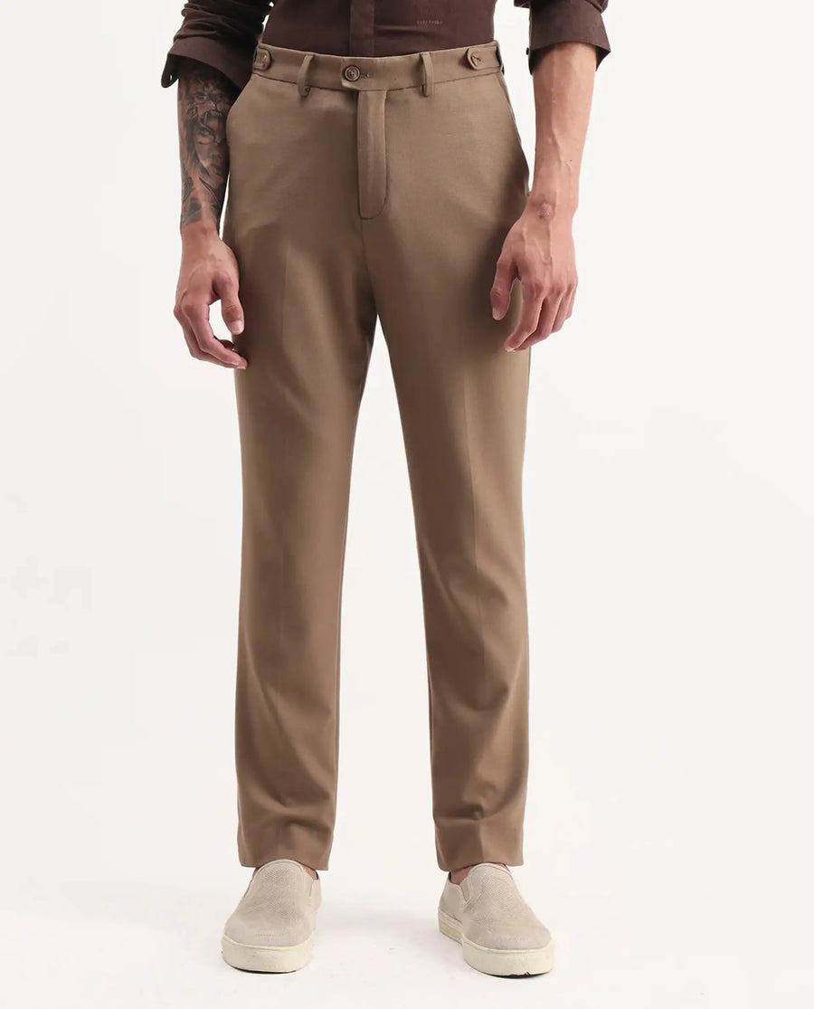 Rare Rabbit Men Austi-Aw25 Dark Beige Polyester Blend Fabric Button Closure Regular Fit Plain Trouser
