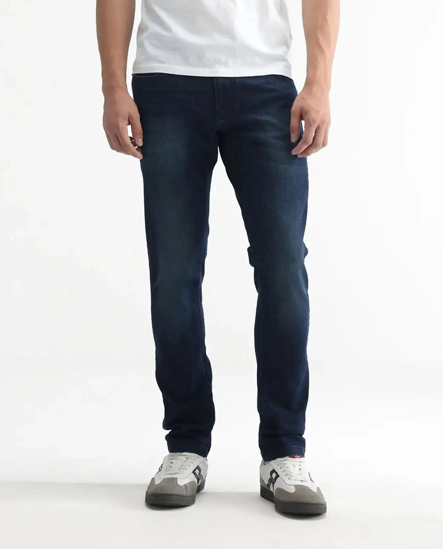 Rare Rabbit Men's Avalon Dark Blue Cotton Plain Hawk Slim Fit Jeans