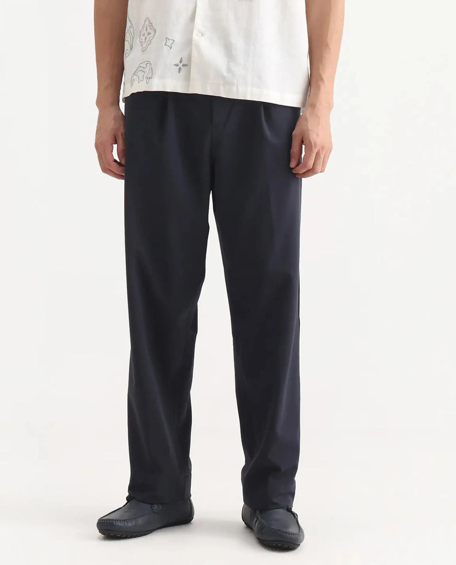 Rare Rabbit Men's Axie Navy Cotton Blend Plain Wide Leg Trouser