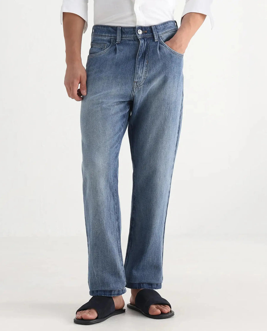 Rare Rabbit Men's Bagg-2 Blue Cotton Plain Morris Regular Fit Jeans