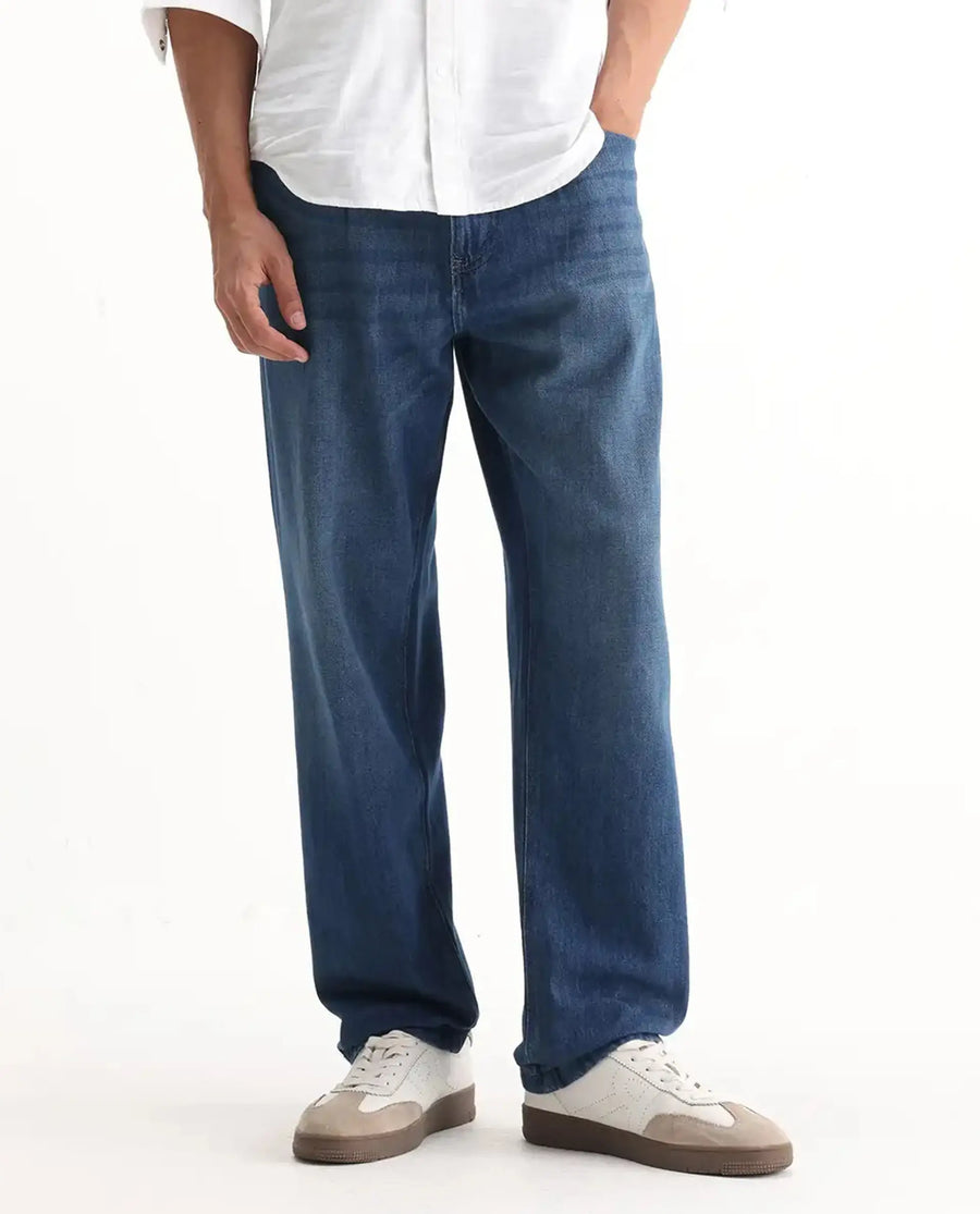 Rare Rabbit Men's Bagg Blue Cotton Plain Baggy Fit Jeans