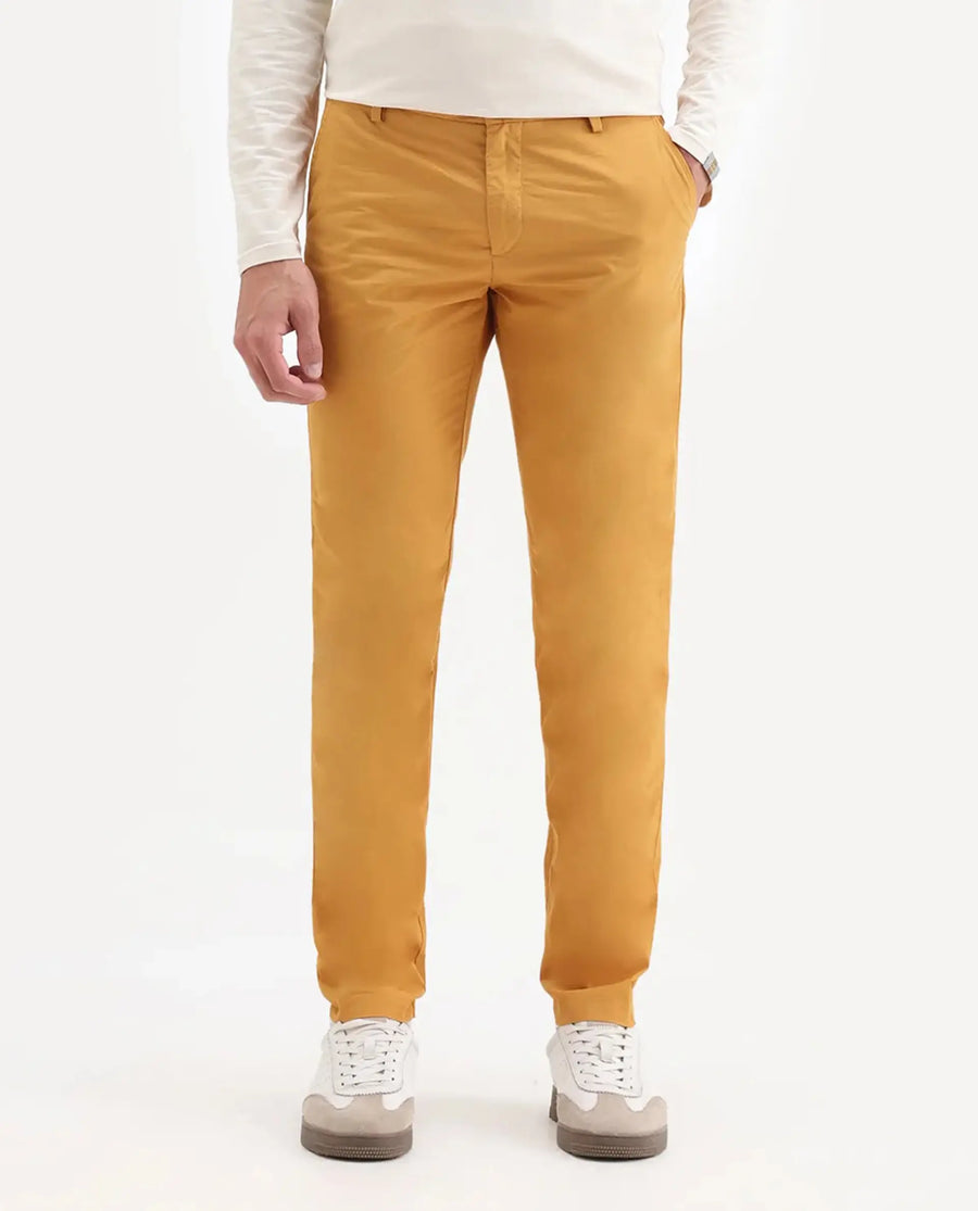 Rare Rabbit Men's Bake Mustard Cotton Plain Regular Fit Trouser
