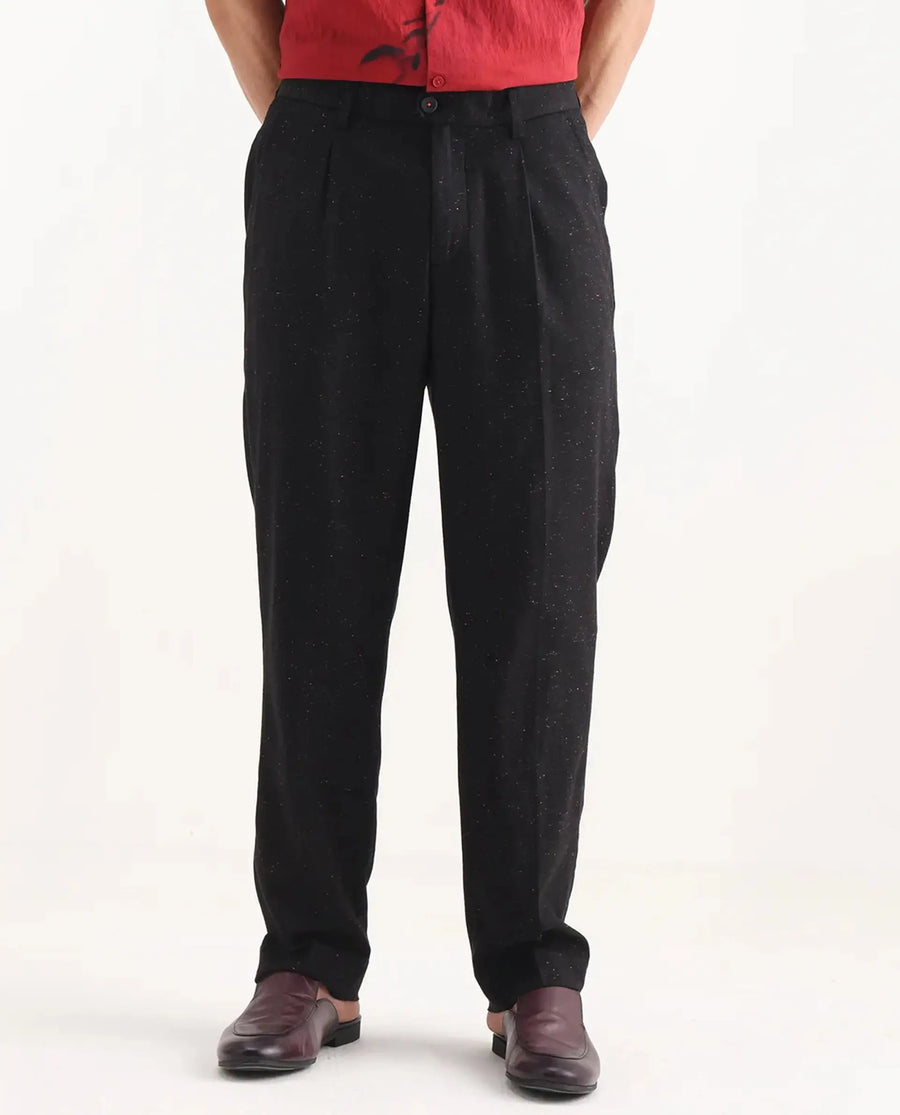 Rare Rabbit Men's Biot Black Cotton Blend Plain Relaxed Fit Trouser