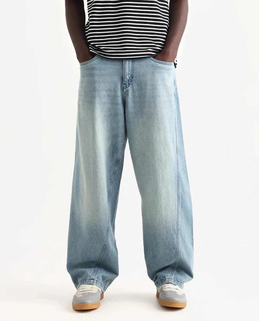 Rare Rabbit Men's Bo Blue Cotton Plain Baggy Fit Jeans
