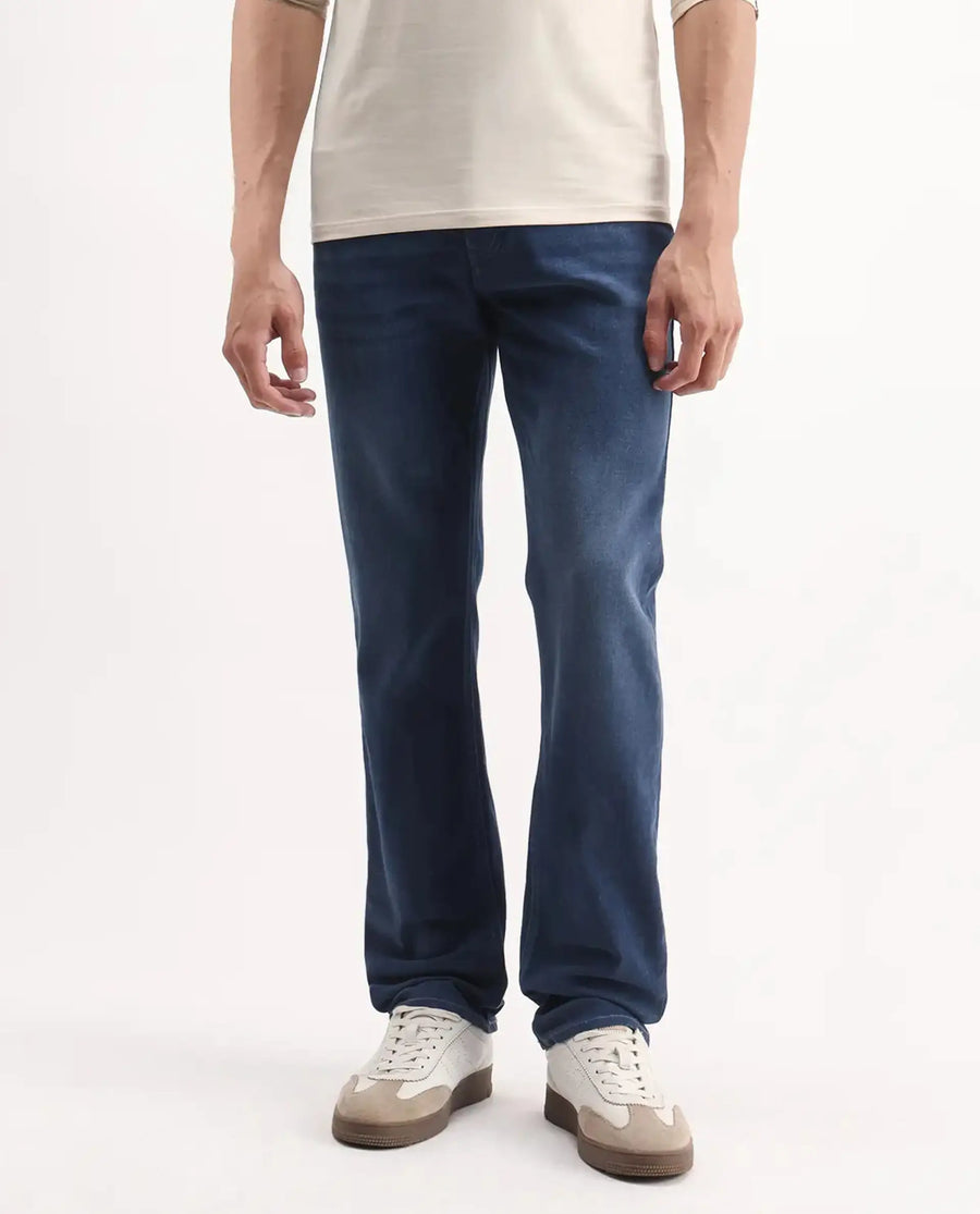 Rare Rabbit Men's Bolt Blue Cotton Blend Plain Morris Regular Fit Jeans