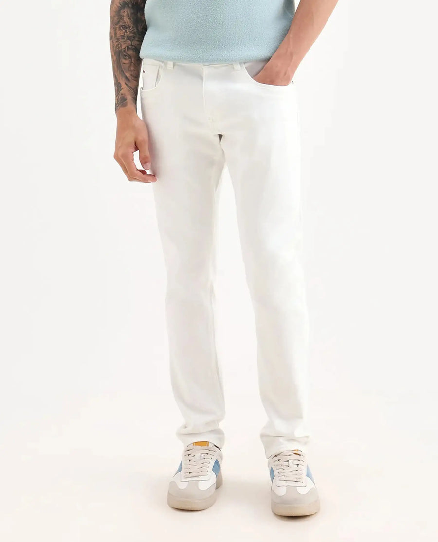 Rare Rabbit Men's Bone Whtie Cotton Blend Fabric Hawk Slim Plain Jeans