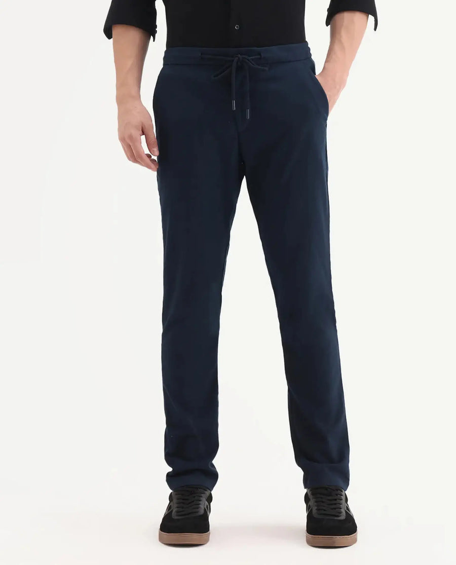 Rare Rabbit Men's Brando Navy Plain Regular Fit Trouser
