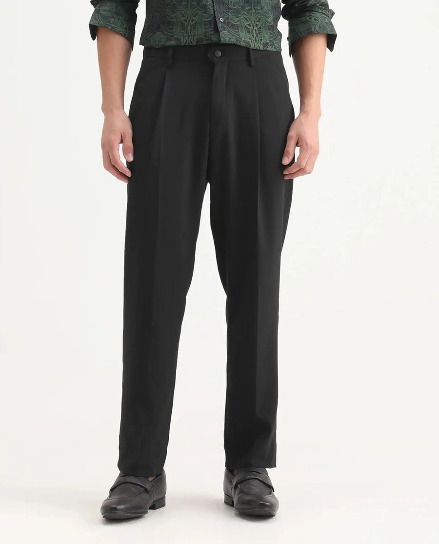 Rare Rabbit Men's Branter Black Polyester Plain Relaxed Fit Trouser