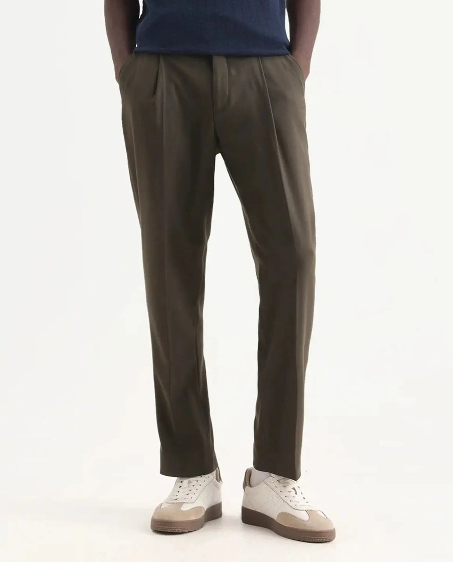Rare Rabbit Men's Branter Olive Polyester Plain Relaxed Fit Trouser