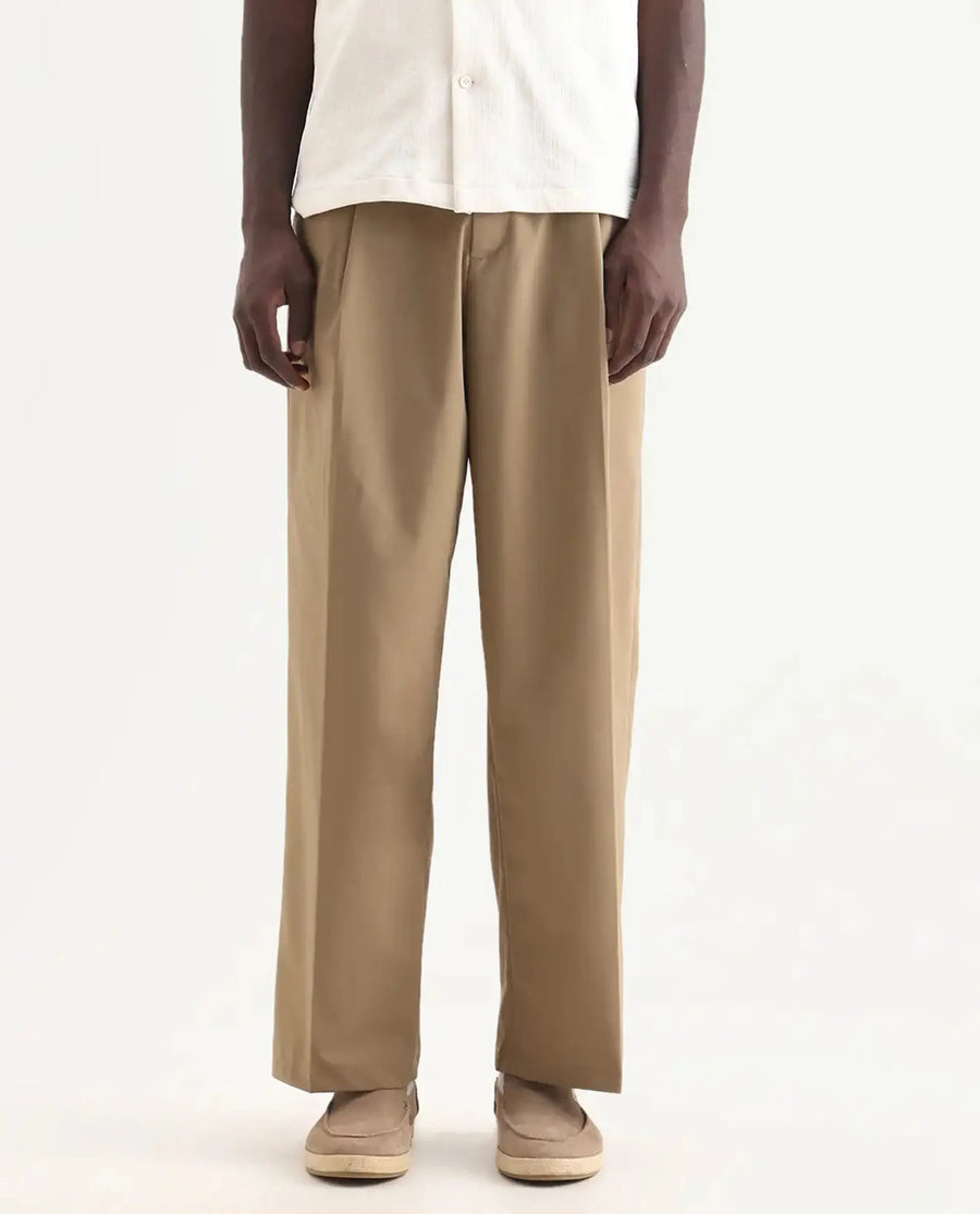 Rare Rabbit Men's Brelint Khaki Linen Blend Plain Relaxed Fit Trouser