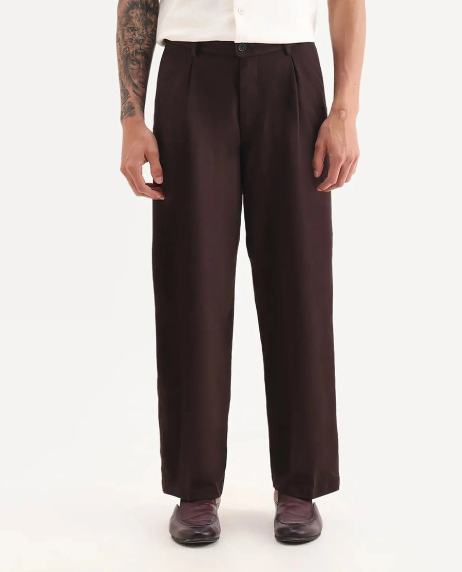 Rare Rabbit Men's Brelint Maroon Cotton Blend Plain Relaxed Fit Trouser