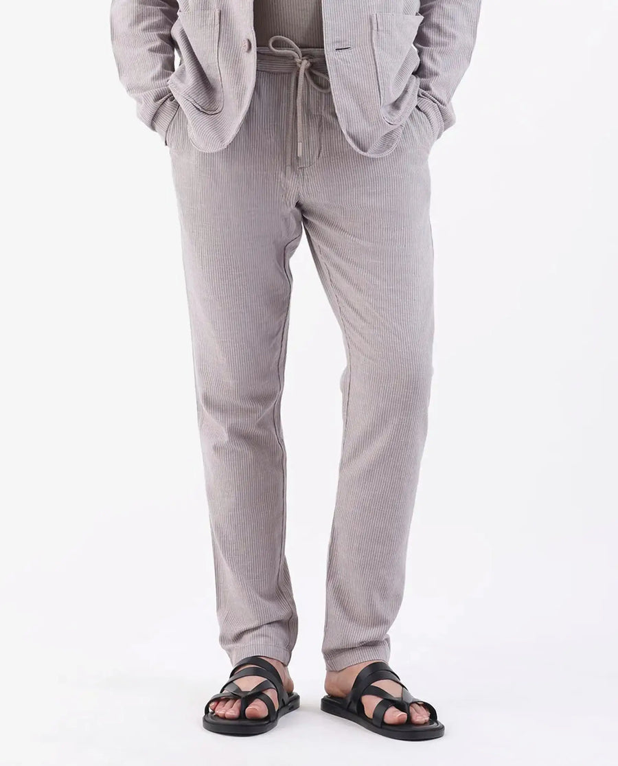 Rare Rabbit Men's Brera Puprle Linen Blend Striped Print Regular Fit Trouser