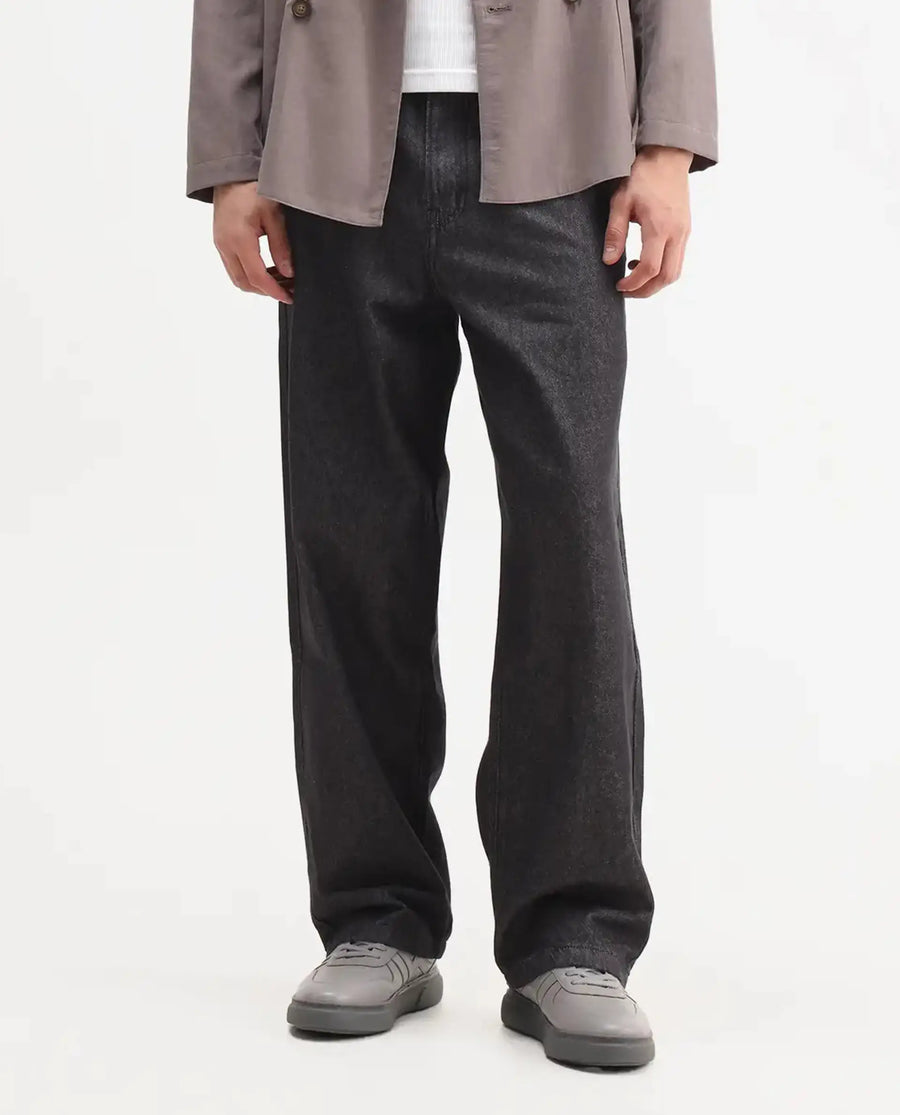 Rare Rabbit Men's Bron Black Cotton Plain Baggy Fit Jeans