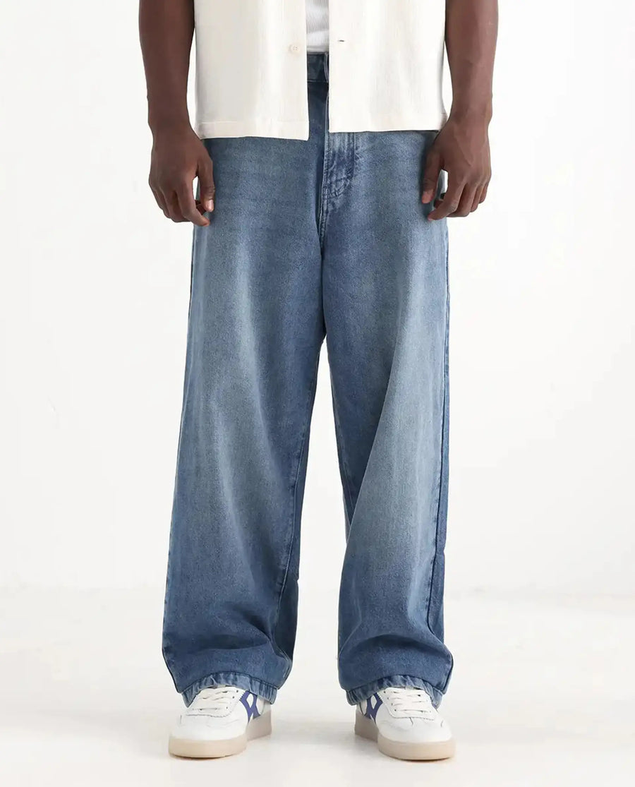 Rare Rabbit Men's Bron Blue Cotton Plain Baggy Fit Jeans