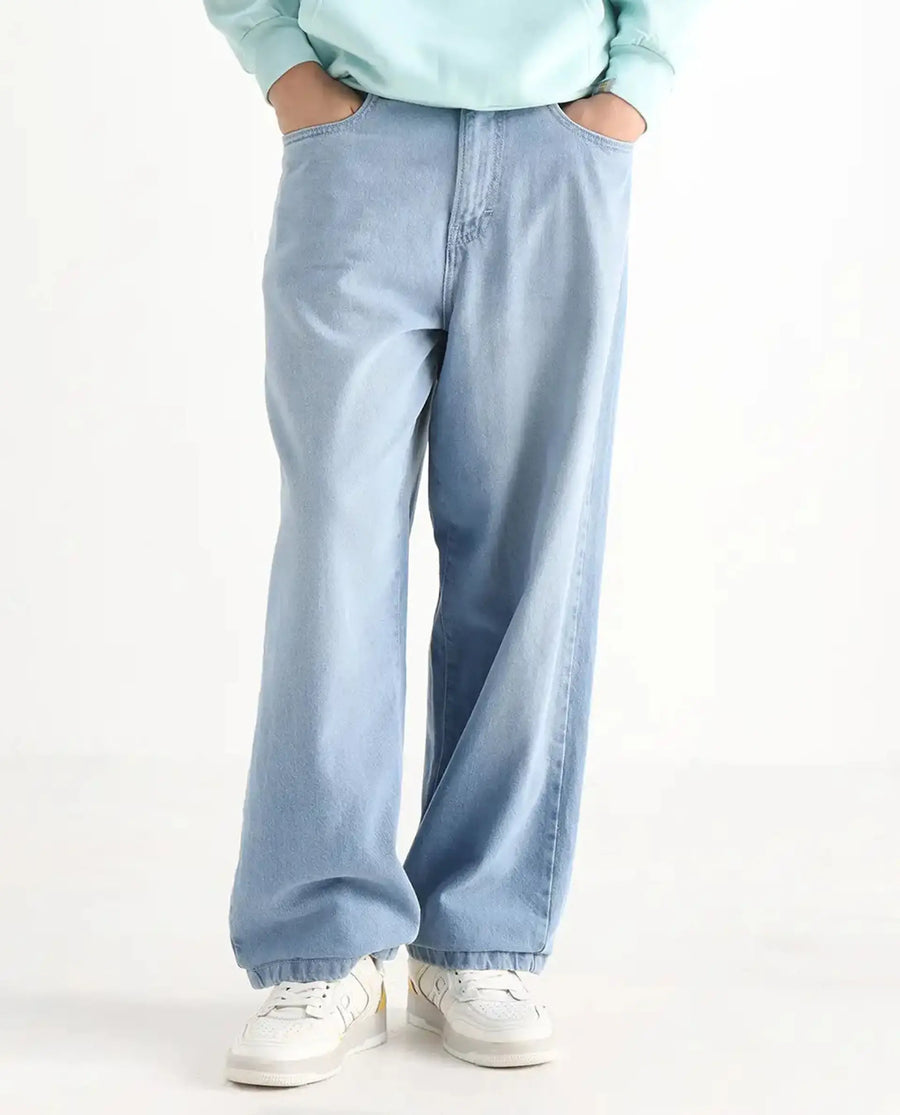 Rare Rabbit Men's Bron Light Blue Cotton Plain Baggy Fit Jeans