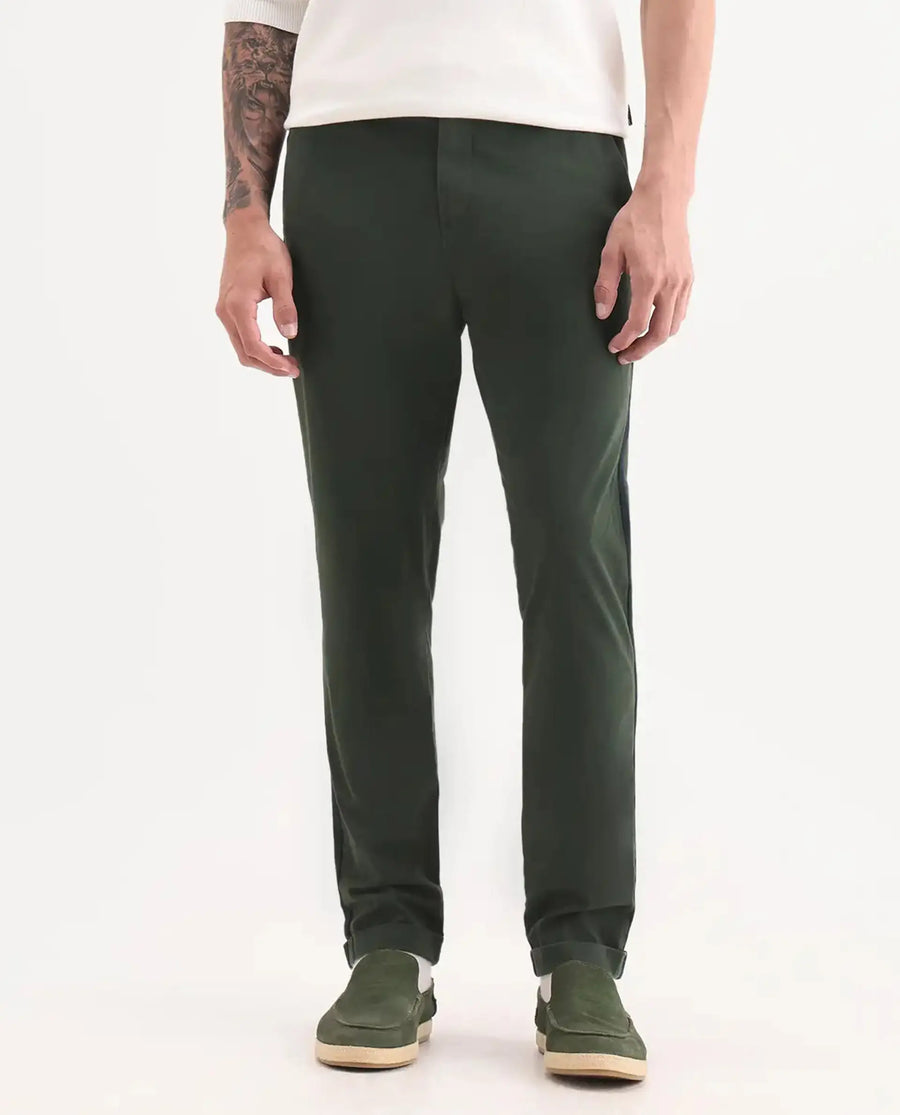 Rare Rabbit Men's Caloon Green Cotton Blend Plain Regular Fit Trouser