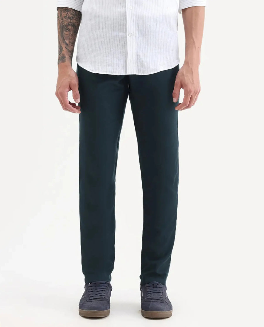 Rare Rabbit Men's Cameo Navy Linen Plain Regular Fit Trouser