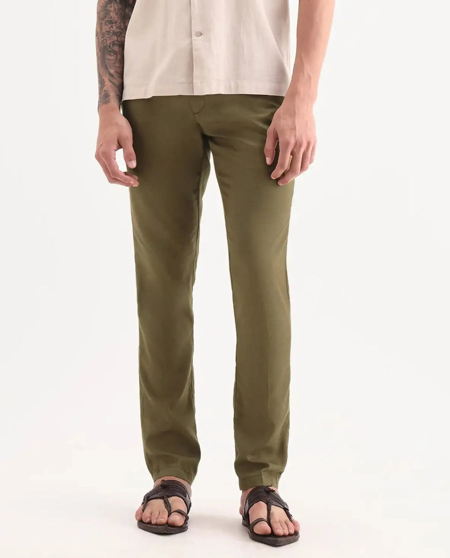 Rare Rabbit Men's Cameo Olive Linen Plain Regular Fit Trouser