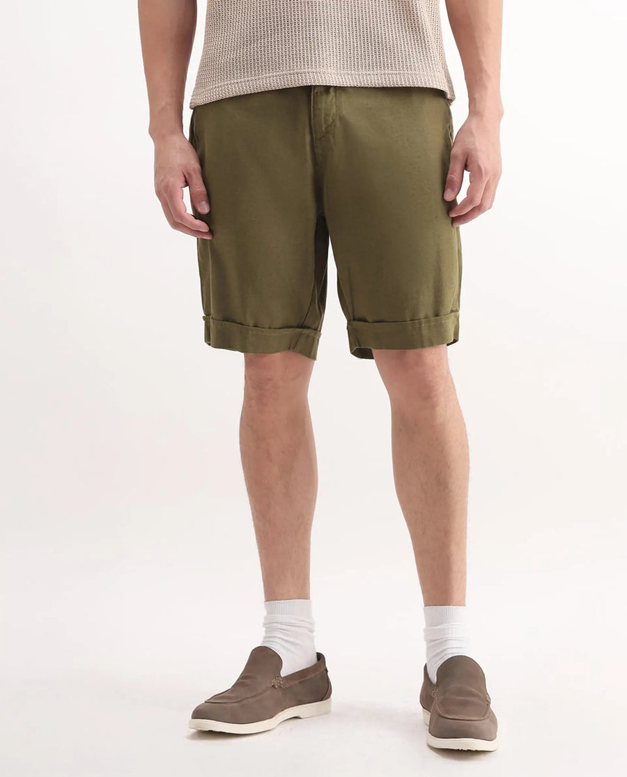 Rare Rabbit Men's Camer Olive 100% Linen Plain Regular Fit Shorts