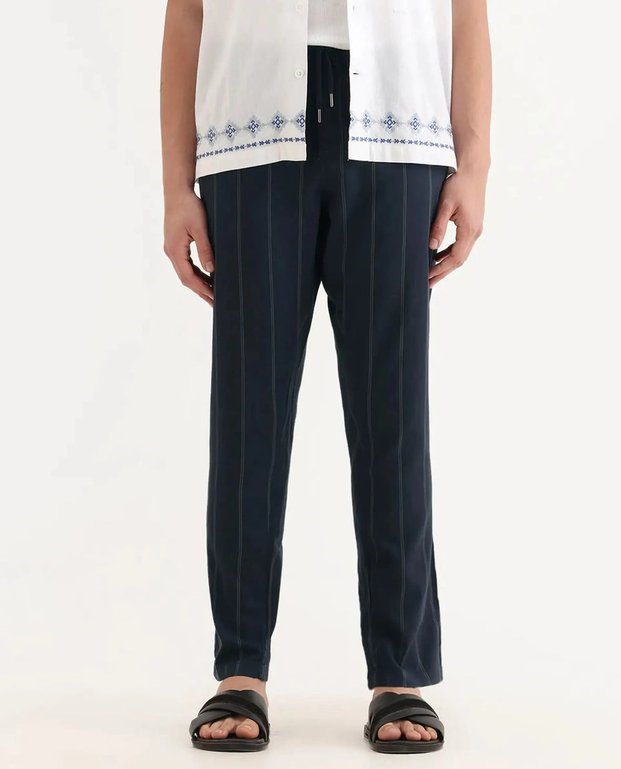 Rare Rabbit Men's Canal Navy Cotton Striped Print Regular Fit Trouser